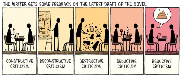 Tom Gauld cartoon: kinds of feedback on a manuscript, from an axe to a candlelit dinner